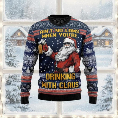 Christmas Beer Sweater – Drinking with Claus Ugly Xmas Sweater – Santa Alcohol Party Sweatshirt